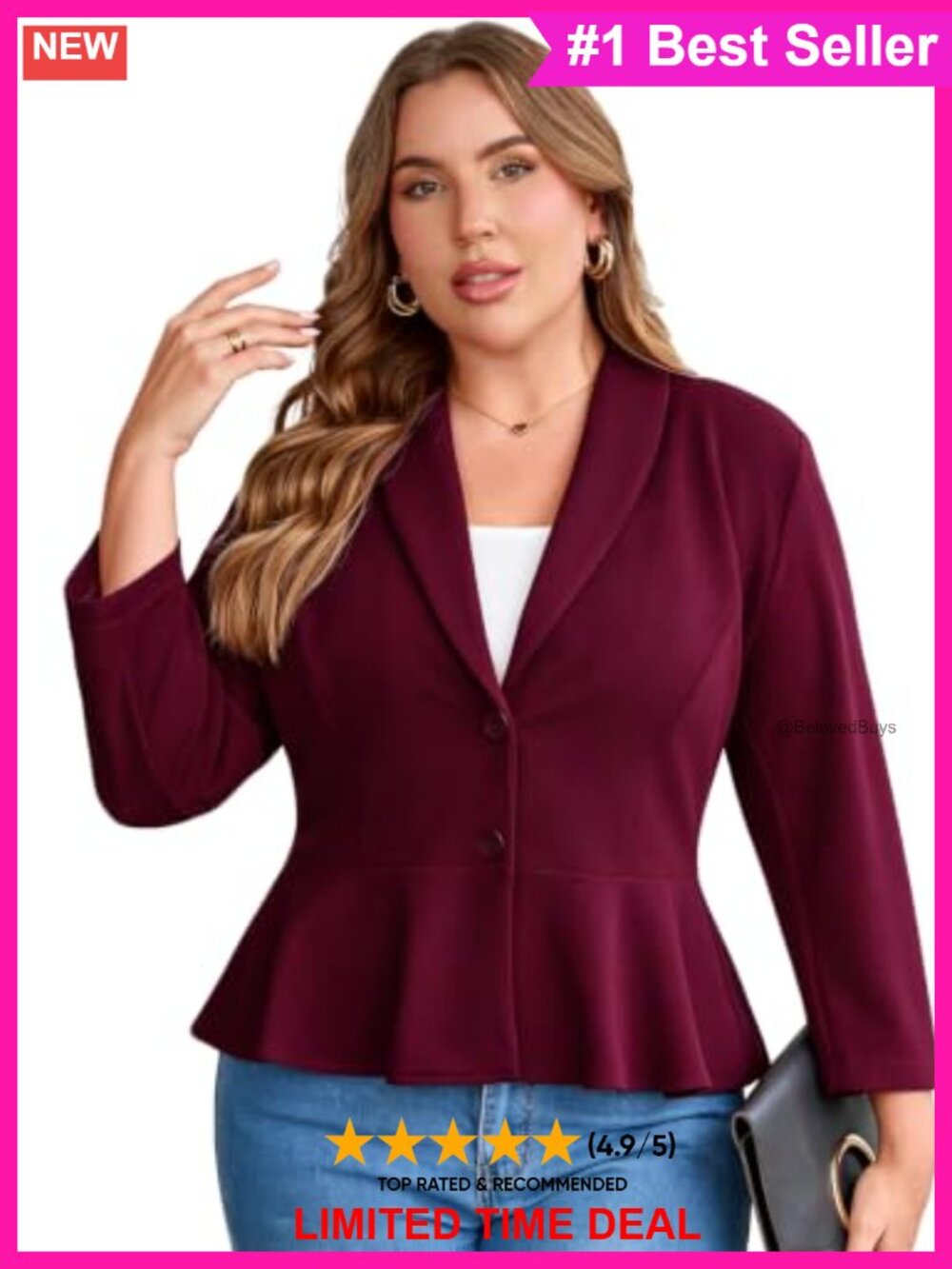 Plus Size Peplum Blazer Shawl Lapel 3/4 Sleeve Career Jacket